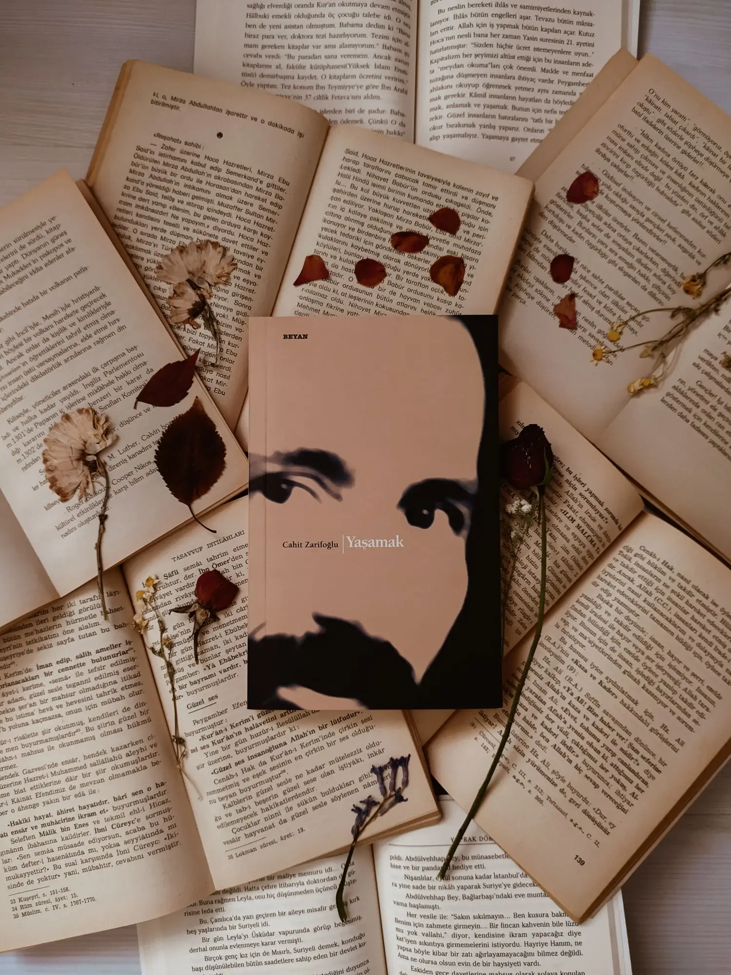 Book arranged among open pages and pressed flowers
