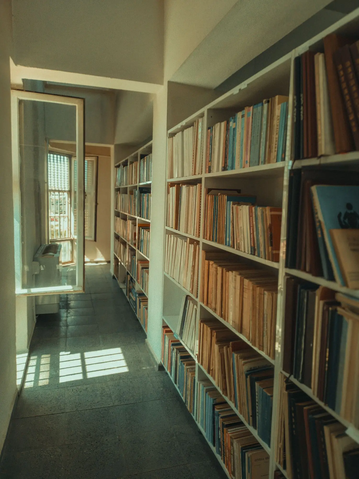 Quiet library shelves and reading corridor